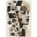 Fragmented woman's face with leafy stems, geometric shapes and torn-paper textures in cream, beige and charcoal.