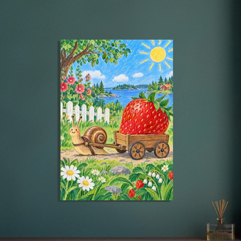Smiling snail pulling a wooden cart with a giant strawberry through a flower-filled garden beside blue water.