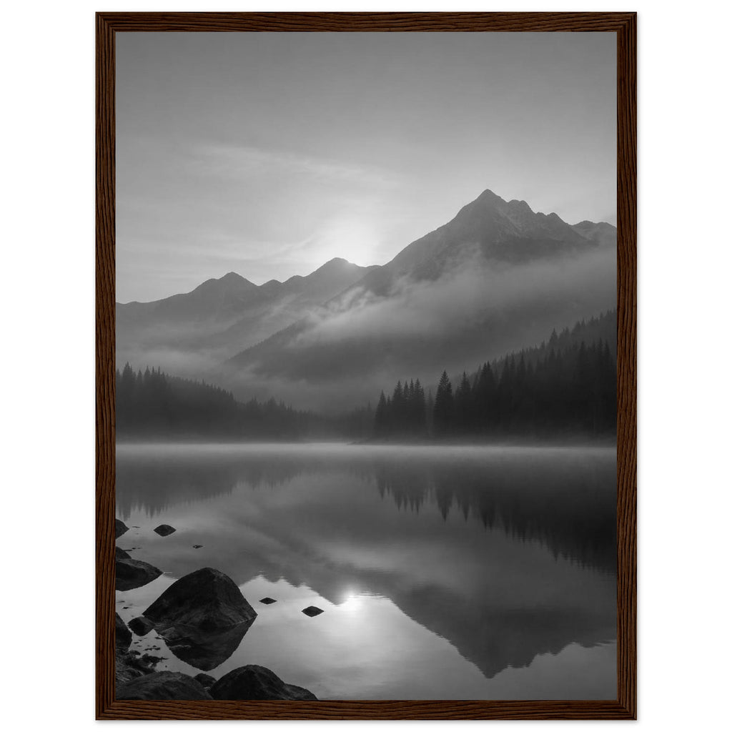 Mountain peaks and conifer forests reflected in a misty lake, with rocks in the foreground, in black and white.