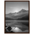 Mountain peaks and conifer forests reflected in a misty lake, with rocks in the foreground, in black and white.