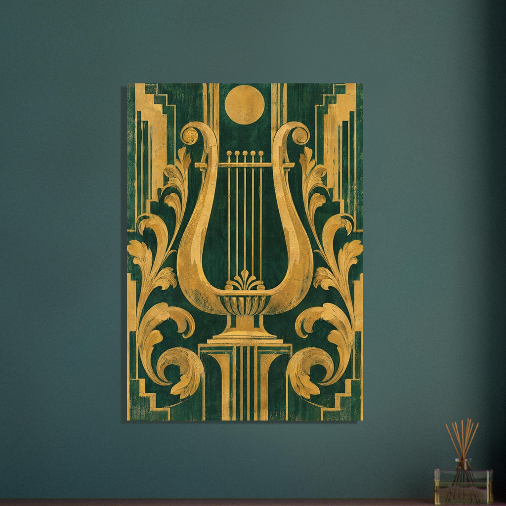 Gold-coloured lyre with curling foliage, geometric borders and a circle above, on a textured dark green background.