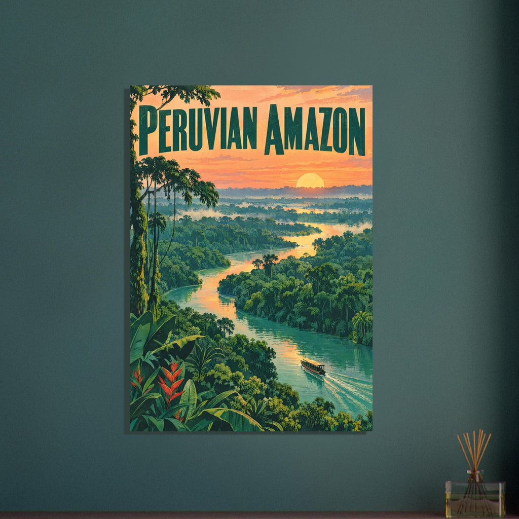 Peruvian Amazon lettering above a winding rainforest river, with a small boat, dense green foliage and a low golden sun.