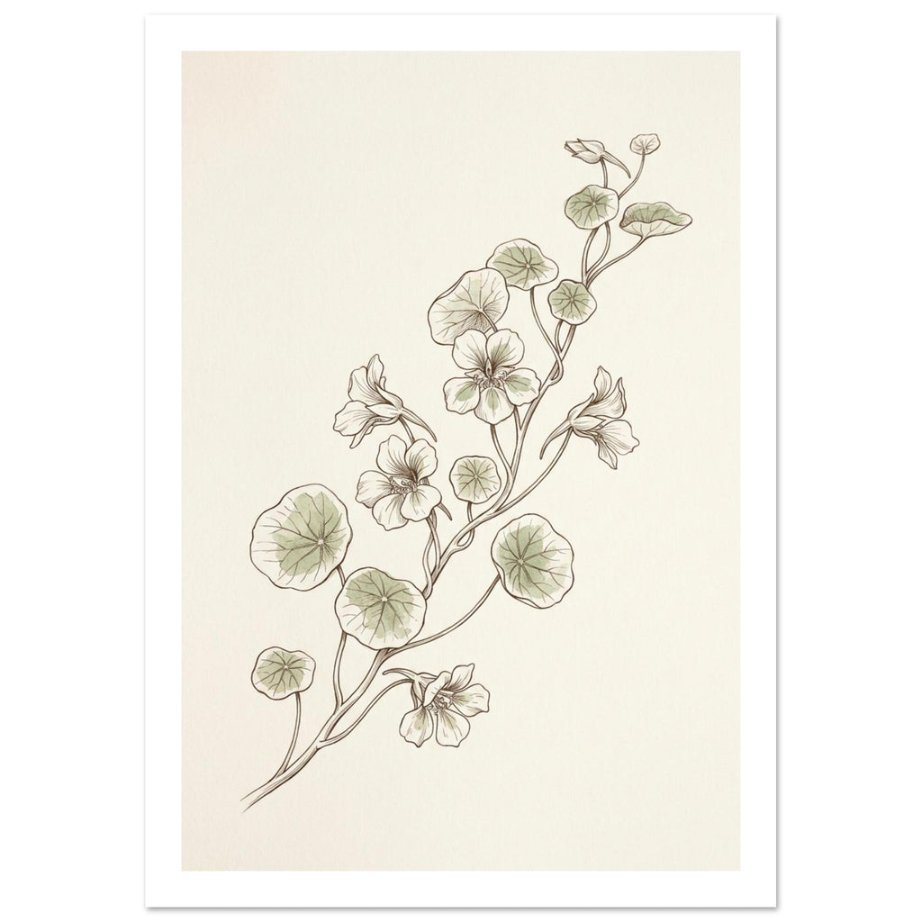 Nasturtium stems with rounded pale green leaves and delicate flowers, drawn in fine brown lines on a cream background.