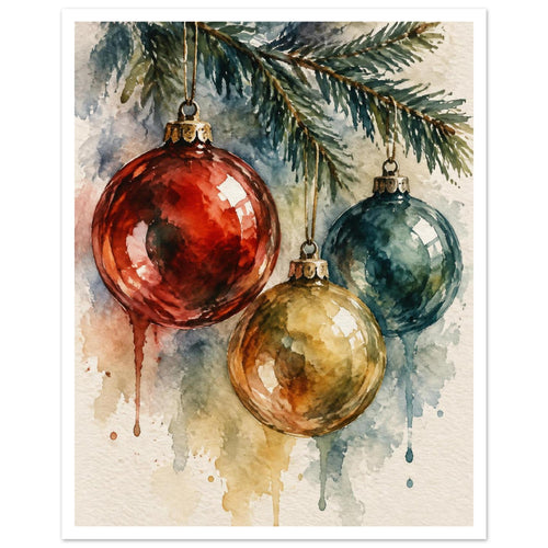 Red, teal and gold Christmas baubles hanging from an evergreen branch, painted in watercolour with trailing drips.