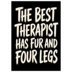 Cream brush-style text on black reads “The best therapist has fur and four legs”.