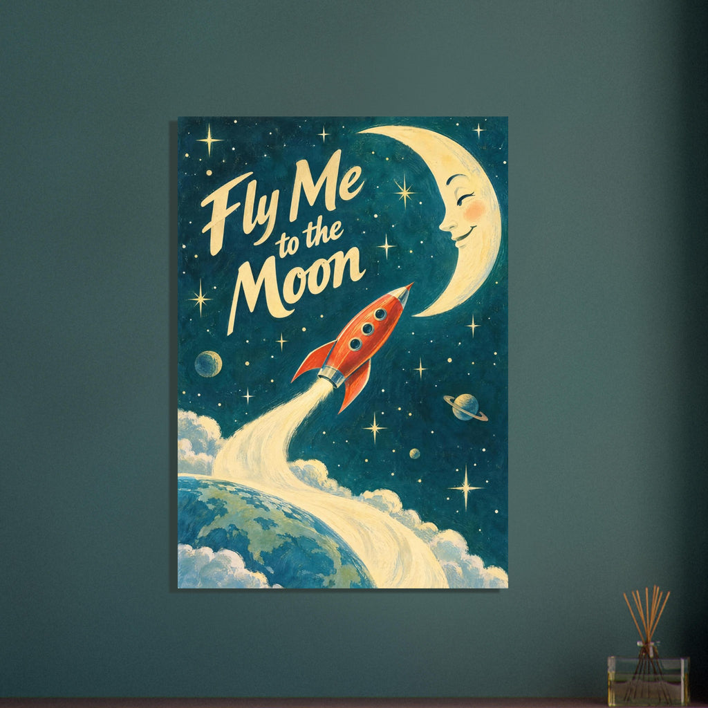 Fly Me to the Moon lettering beside a smiling yellow crescent, with a red rocket rising above Earth through a teal sky.