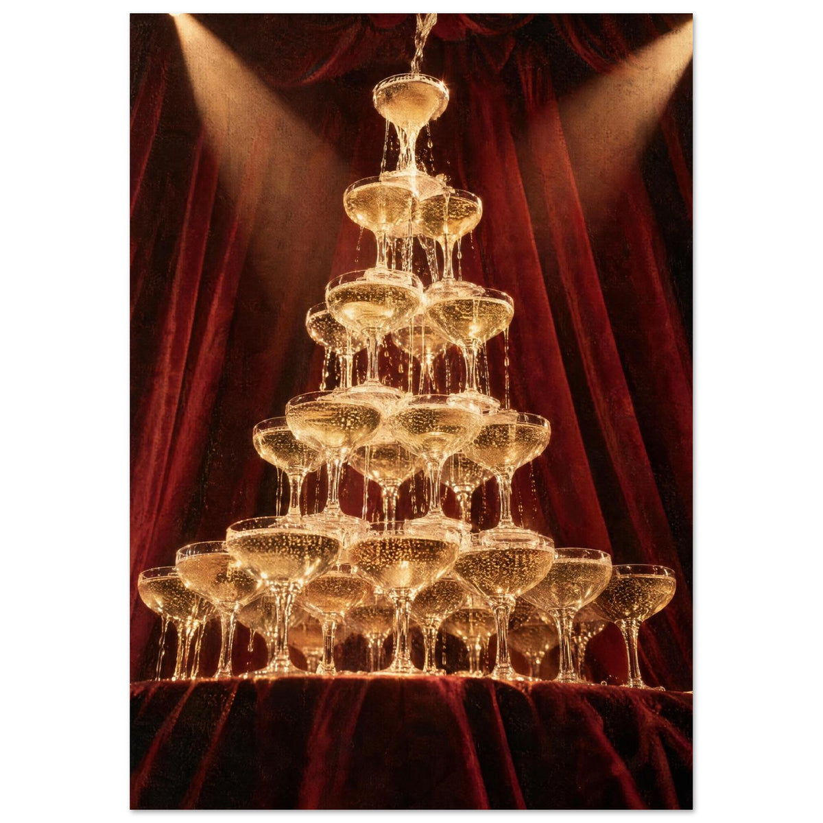 Champagne cascading down a tower of coupe glasses, lit by warm spotlights against deep burgundy curtains.