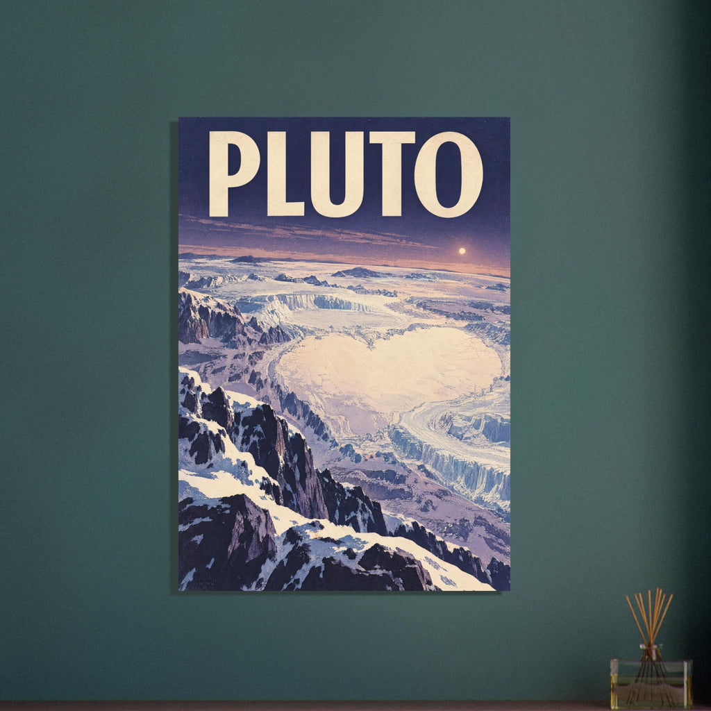 Pluto lettering above an illustrated icy landscape with jagged mountains, frozen plains and a small glowing orb.
