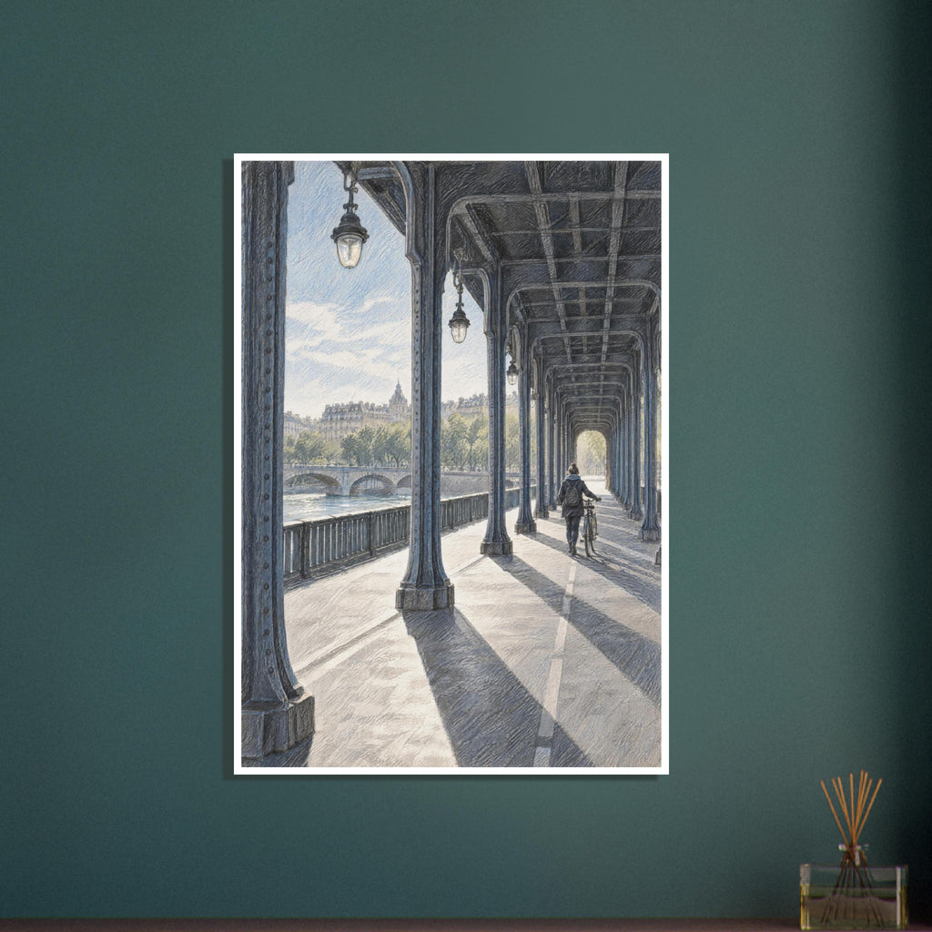 Gångpassagen under Pont de Bir-Hakeim i Paris med järnpelare och en liten person som leder en cykel.