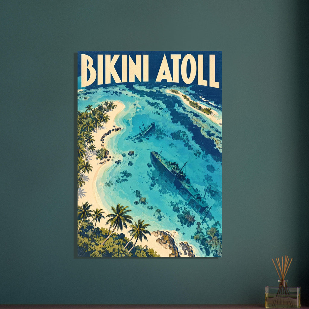 Bikini Atoll poster with cream lettering above turquoise lagoon waters, submerged shipwrecks and palm-lined sandy islands.