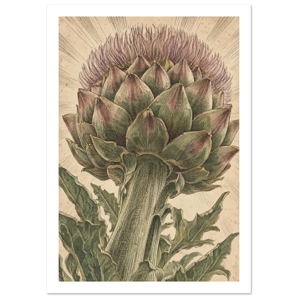 Flowering artichoke with green bracts, purple florets and jagged leaves on a textured beige background.