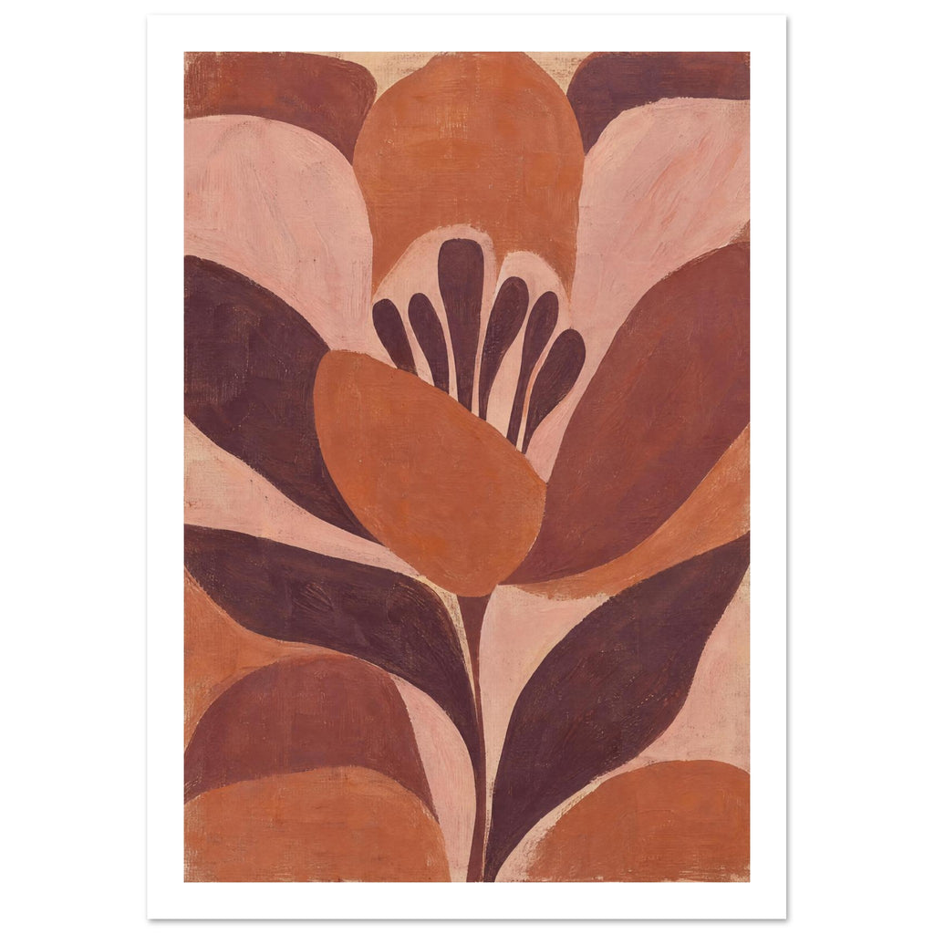 Stylised flower with terracotta and blush pink petals, dark burgundy stamens and leaves, and visible brush textures.