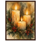 Watercolour painting of three lit advent candles with spruce sprigs and red berries