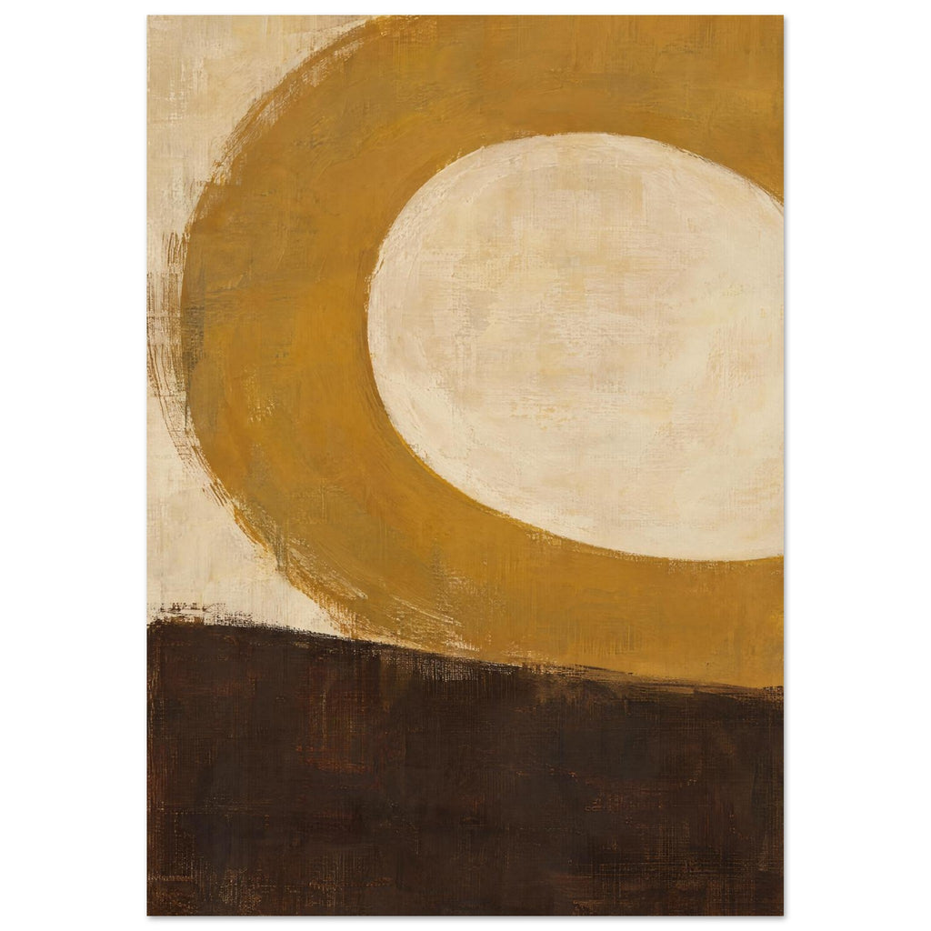 Broad ochre curve surrounding a rounded cream centre above a deep brown block, with visible brush marks throughout.