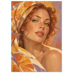 Marigold Close-Up portrays a freckled woman with auburn curls framed by a silk scarf patterned with large mustard petals.