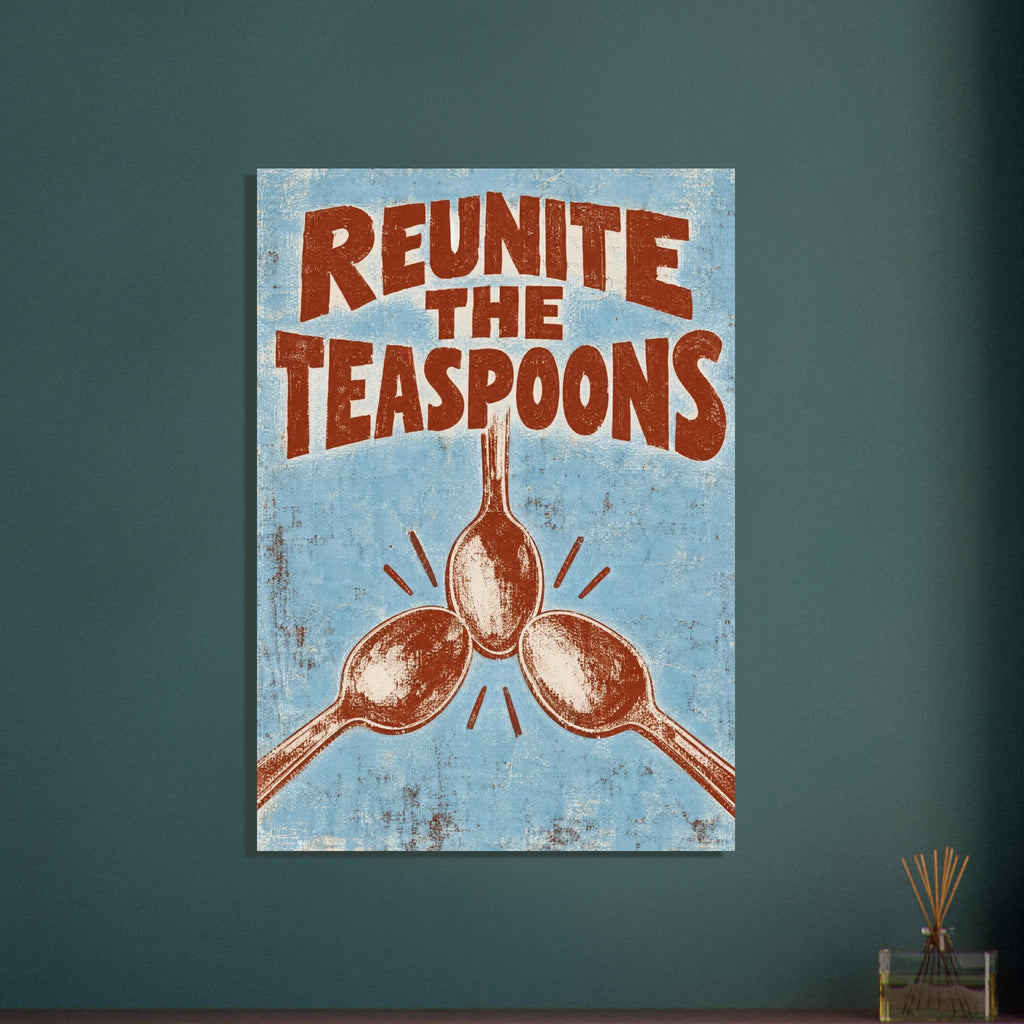 Three rust-red spoons meet beneath “Reunite The Teaspoons” lettering on a distressed pale blue background.