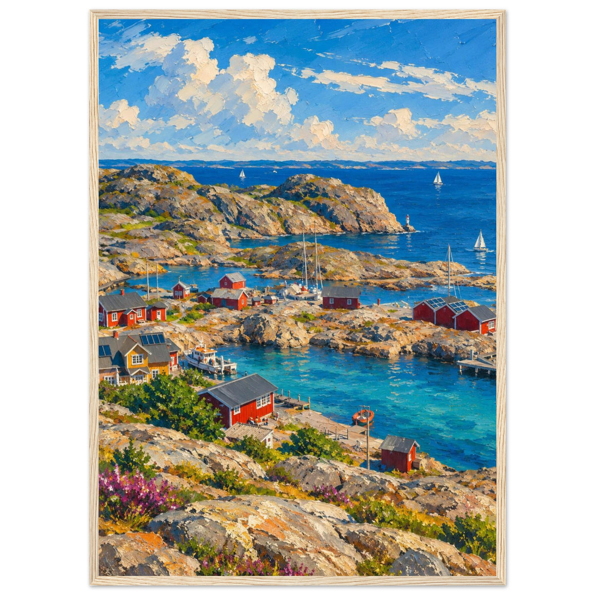 Rocky harbour with red cabins, wooden jetties and sailboats on blue water beneath cream clouds, with flowers in front.