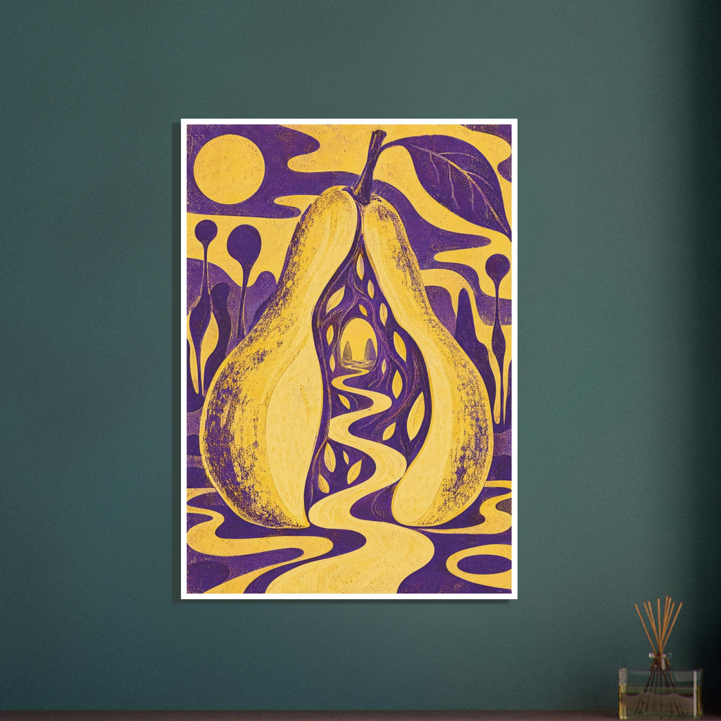 Yellow pear split around a winding path through a purple tunnel, with a large leaf and flowing yellow and purple shapes.