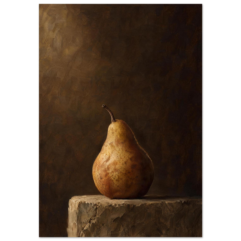 Pear on a Plinth, a single pear on rough stone against a dark brown background, its curved edge outlined by light.