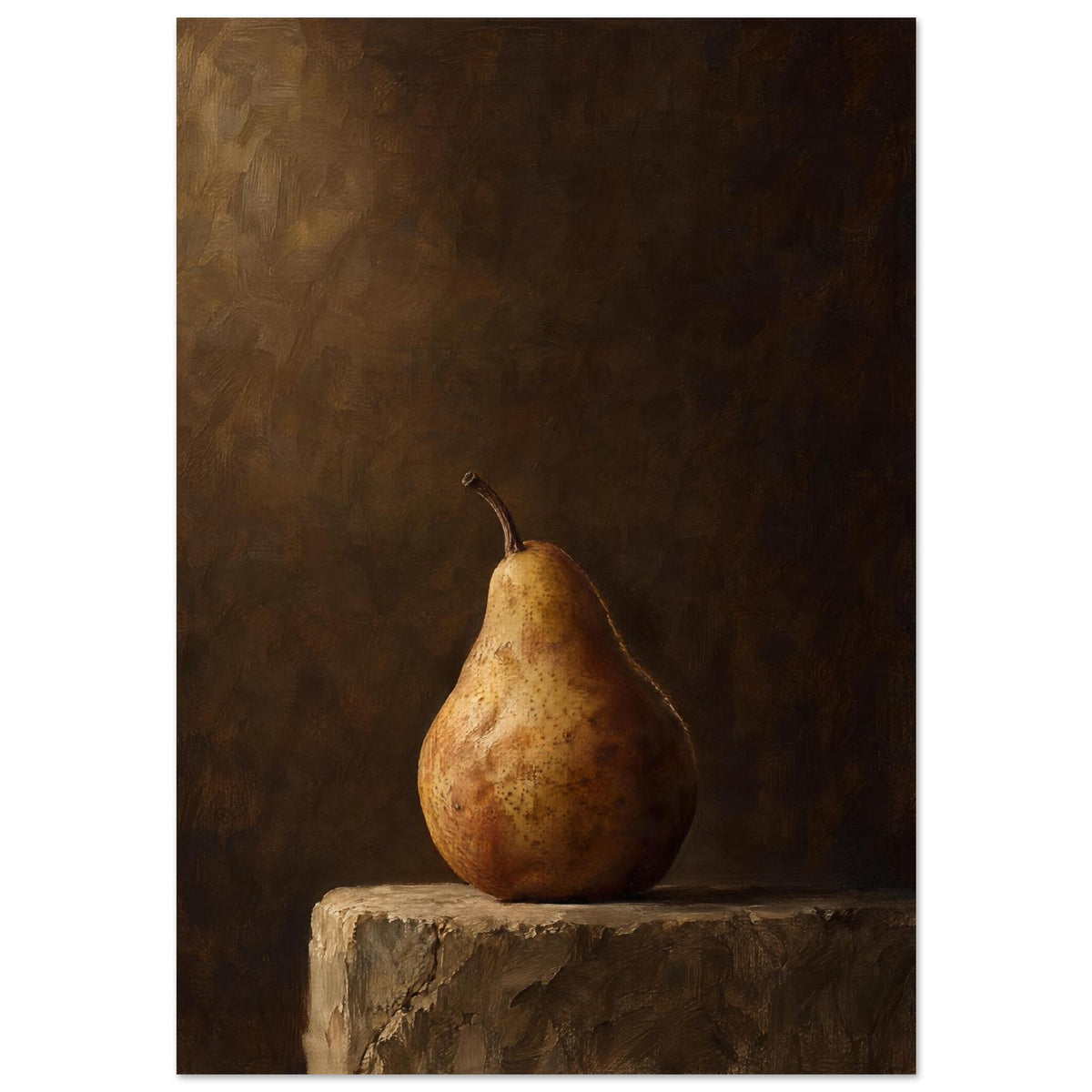 Pear on a Plinth, a single pear on rough stone against a dark brown background, its curved edge outlined by light.