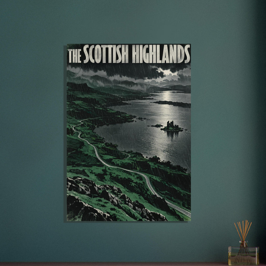 Scottish Highlands landscape with rain, green hills, a winding road and an island castle beneath bold cream lettering.