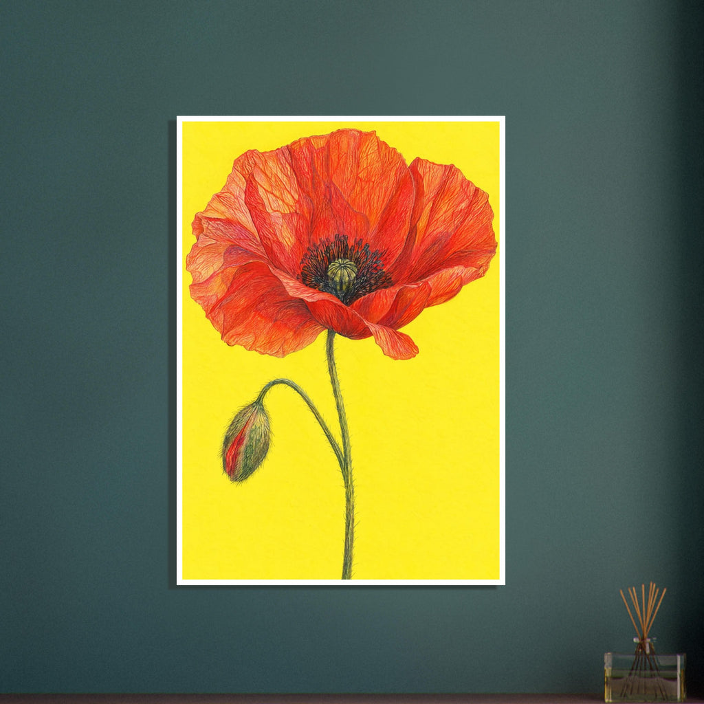 Red-orange poppy with finely lined petals, a green stem and drooping bud against a bright yellow background.