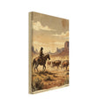 Cowboy on horseback herding longhorn cattle across a desert with rock formations, in warm tones with an aged-paper border.