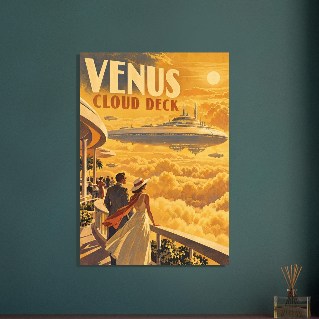 Venus Cloud Deck lettering above airships in golden clouds, with a dressed-up couple overlooking the scene from a terrace.