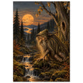 Bearded forest troll beside a rocky stream beneath an autumn tree, with dark conifers and a glowing orange orb in the sky.