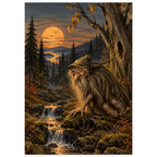 Bearded forest troll beside a rocky stream beneath an autumn tree, with dark conifers and a glowing orange orb in the sky.