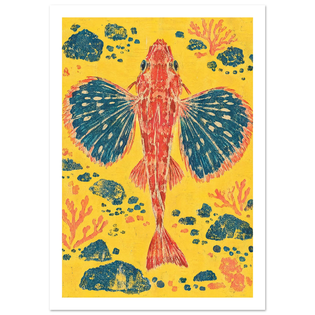 Red gurnard fish with wide teal fins on a yellow background, surrounded by dark rocks and orange coral shapes.