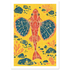 Red gurnard fish with wide teal fins on a yellow background, surrounded by dark rocks and orange coral shapes.