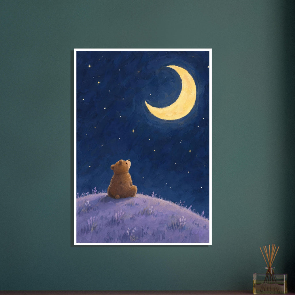 Brown bear sitting on a lilac hill, looking up at a yellow crescent moon and scattered stars in a deep blue sky.
