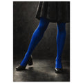 Cobalt Stockings, cropped legs in blue tights and black shoes forming an angular pose against a charcoal studio background.