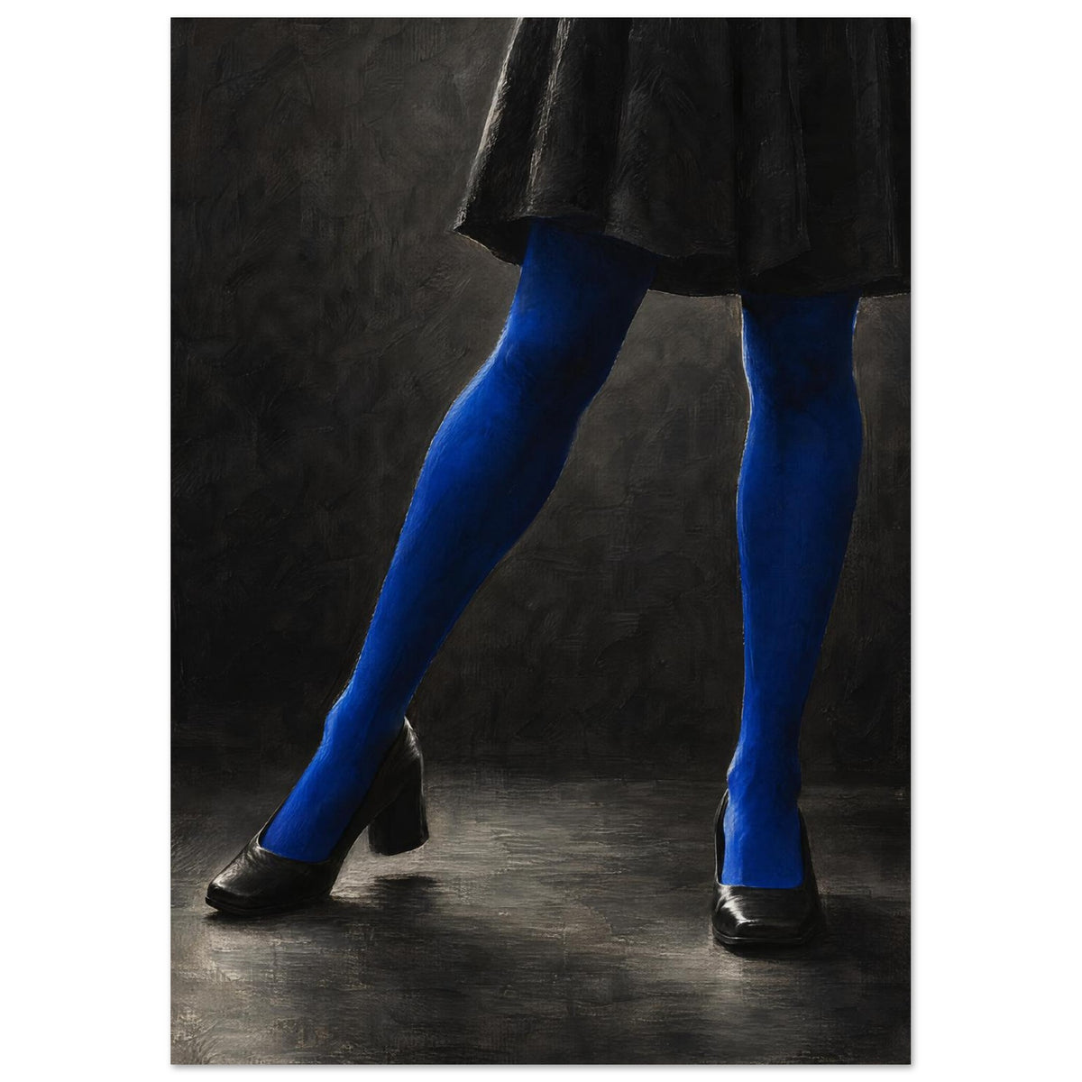 Cobalt Stockings, cropped legs in blue tights and black shoes forming an angular pose against a charcoal studio background.