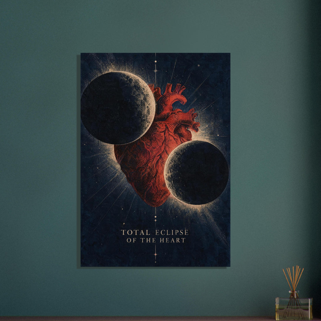 Red anatomical heart behind two shadowed moons on navy, with stars and the words ‘Total Eclipse of the Heart’ below.