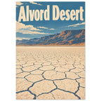 Alvord Desert poster with cream lettering, blue sky, rugged mountains and a cracked desert floor in a distressed retro style.