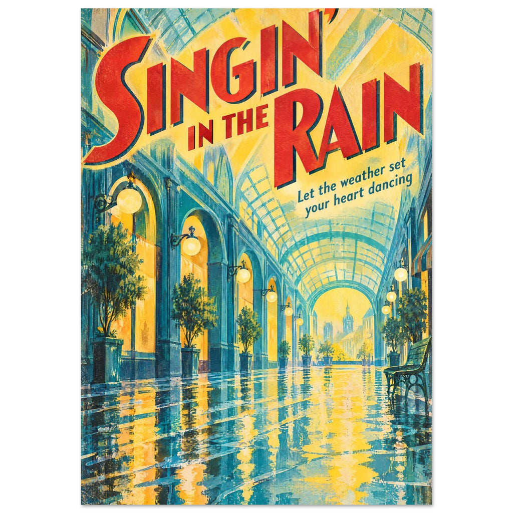 Singin’ in the Rain lettering above a yellow and teal glass-roofed arcade with globe lamps and a reflective wet floor.