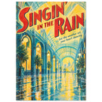 Singin’ in the Rain lettering above a yellow and teal glass-roofed arcade with globe lamps and a reflective wet floor.