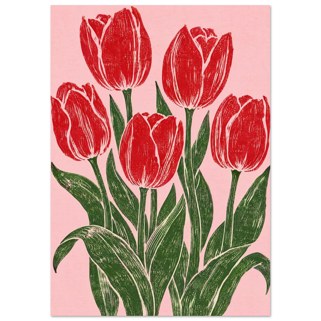 Five red tulips with dark green stems and sweeping leaves on a pink background, illustrated with textured carved lines.