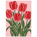 Five red tulips with dark green stems and sweeping leaves on a pink background, illustrated with textured carved lines.