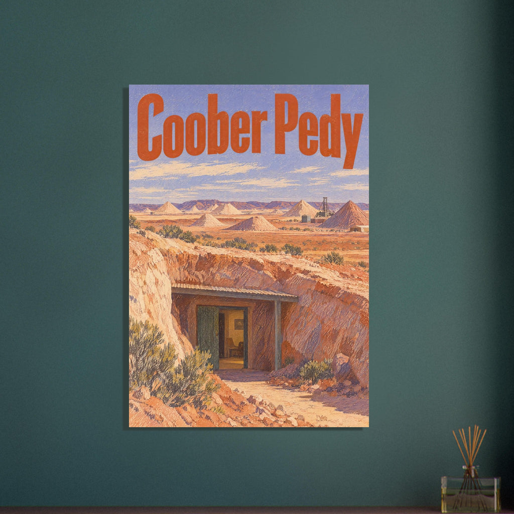 Coober Pedy travel poster with orange lettering, desert mounds and a doorway cut into the earth beneath a lavender-blue sky.