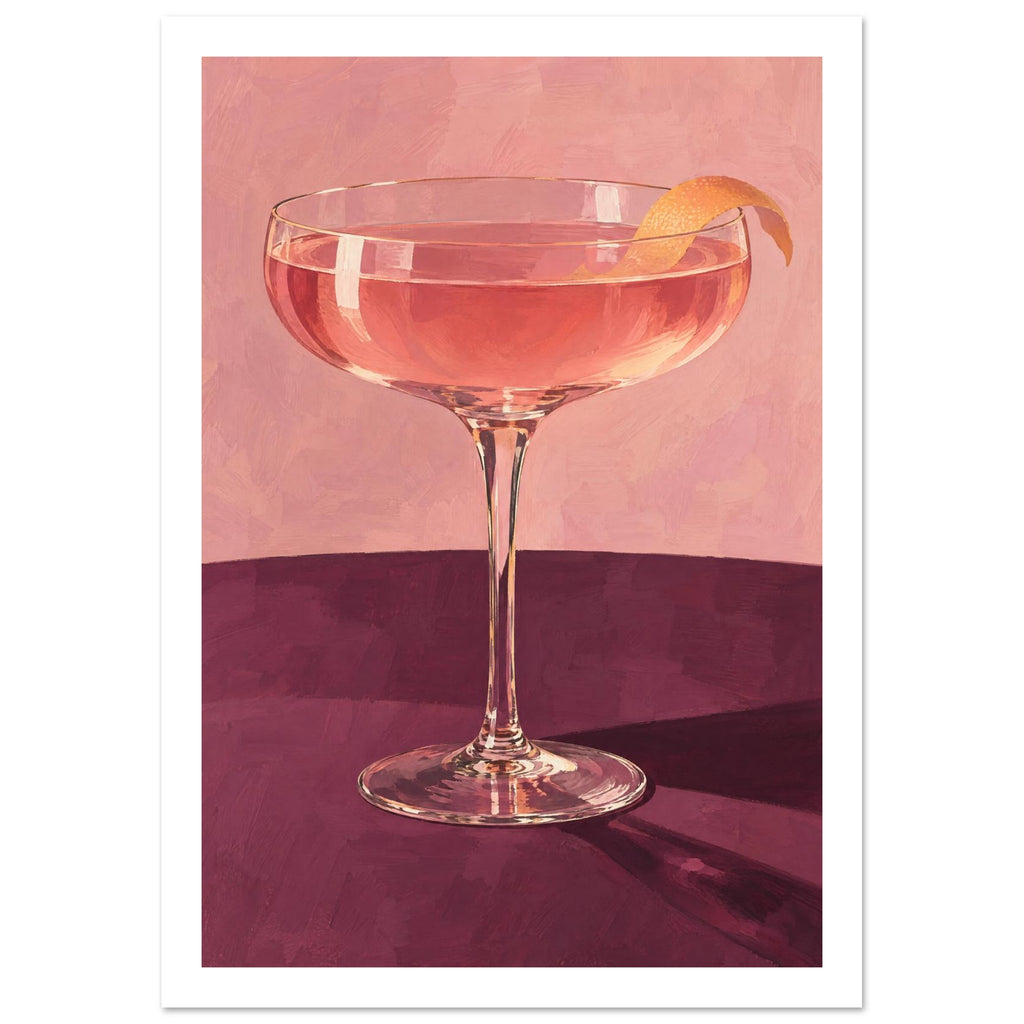 Coupe glass holding a pink cocktail with orange peel on a burgundy table against a textured pink background.