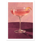 Coupe glass holding a pink cocktail with orange peel on a burgundy table against a textured pink background.