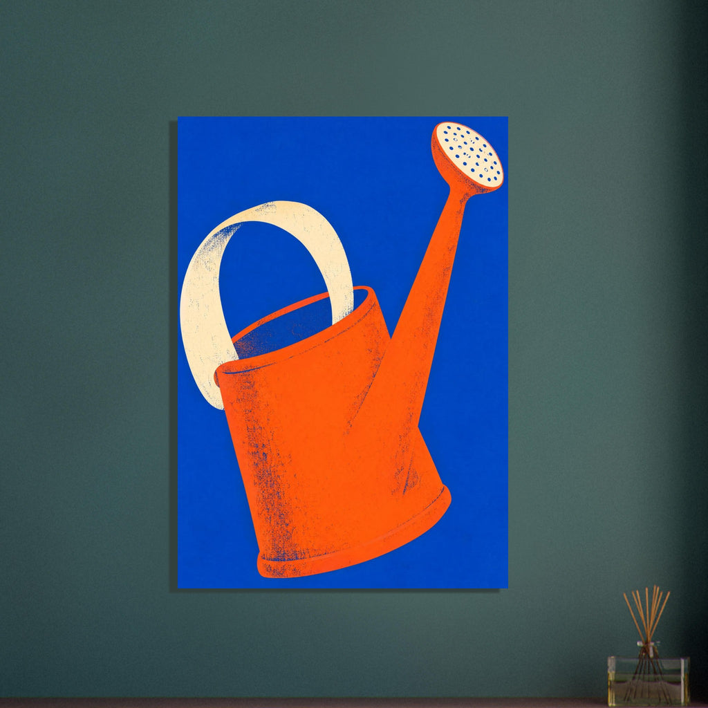 Orange watering can with a cream handle and sprinkler head, tilted across a vivid blue background with distressed textures.