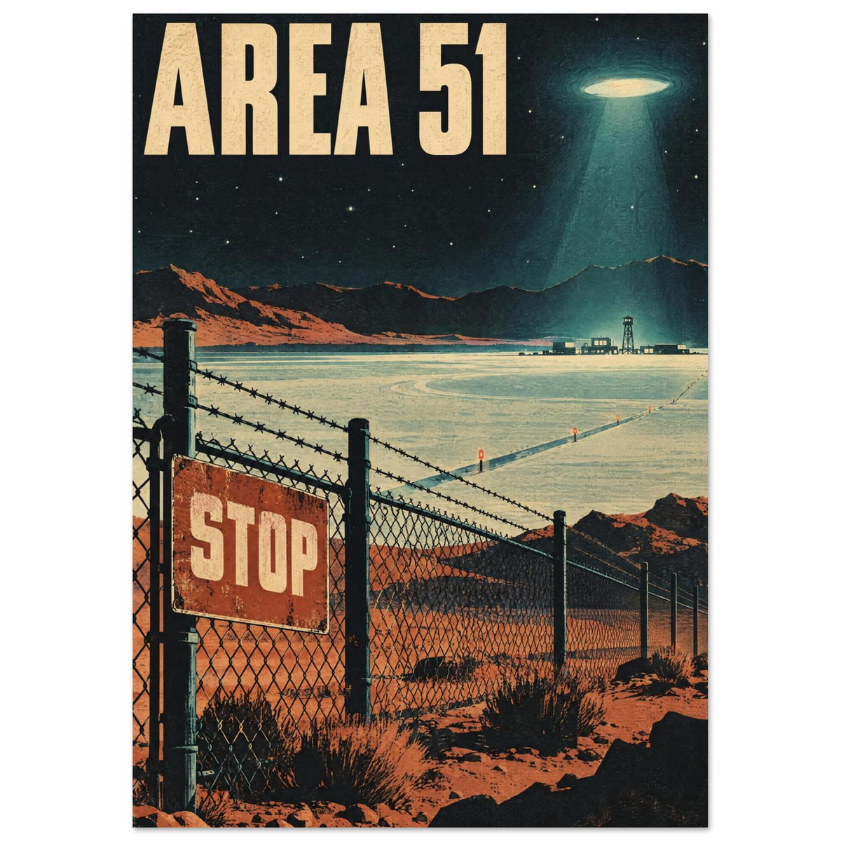 Area 51 poster with a glowing UFO above a desert, distant mountains, barbed-wire fence and a red STOP sign.