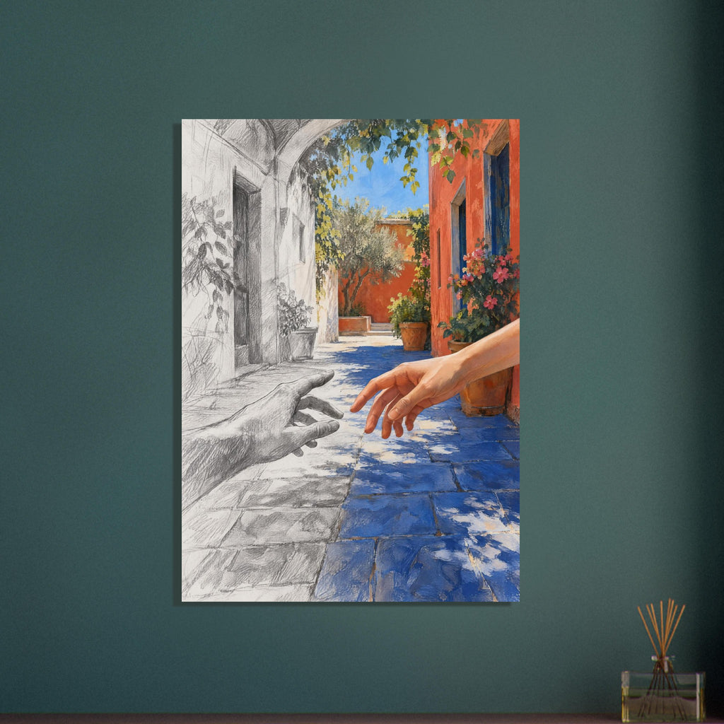 Two hands reaching towards each other in an arched passage, half grey sketch and half colour with orange walls and blue pavin