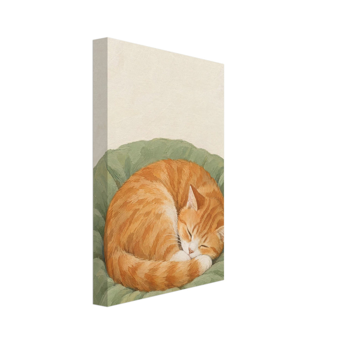 Ginger tabby cat sleeping curled on a sage-green cushion against a cream background, rendered with textured brushstrokes.