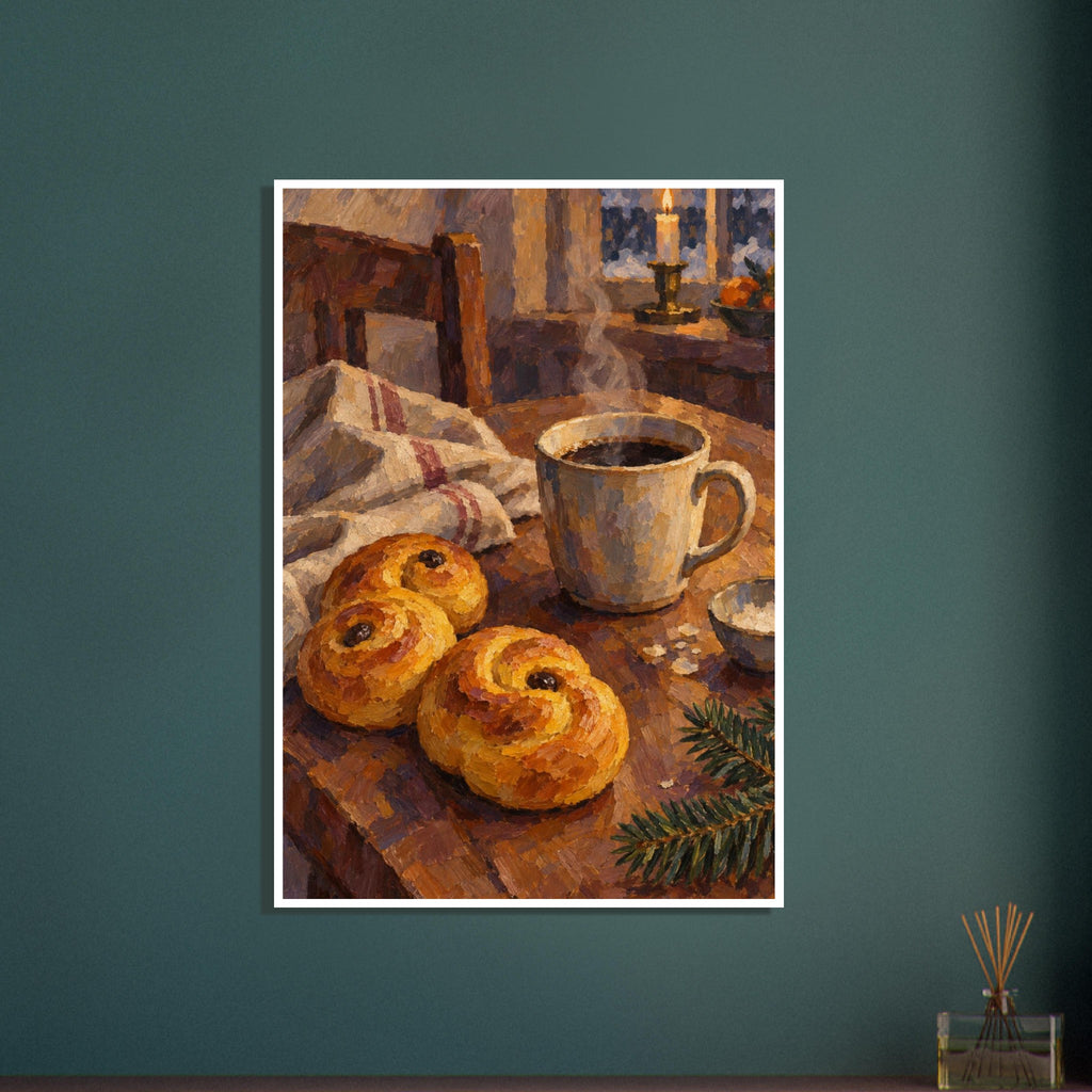 Golden curled buns beside a steaming mug on a wooden table, with a striped cloth, lit candle and evergreen sprig.