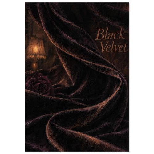 Black velvet folds with brown highlights, a dark burgundy rose, glowing lamp and copper-toned ‘Black Velvet’ lettering.